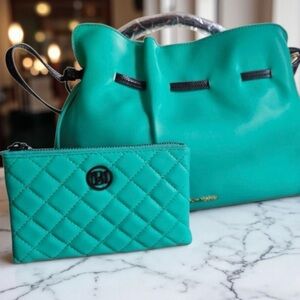 Badgley Mischka Teal/Silver Snake Print Handle Bag with matching wristlet Bundle